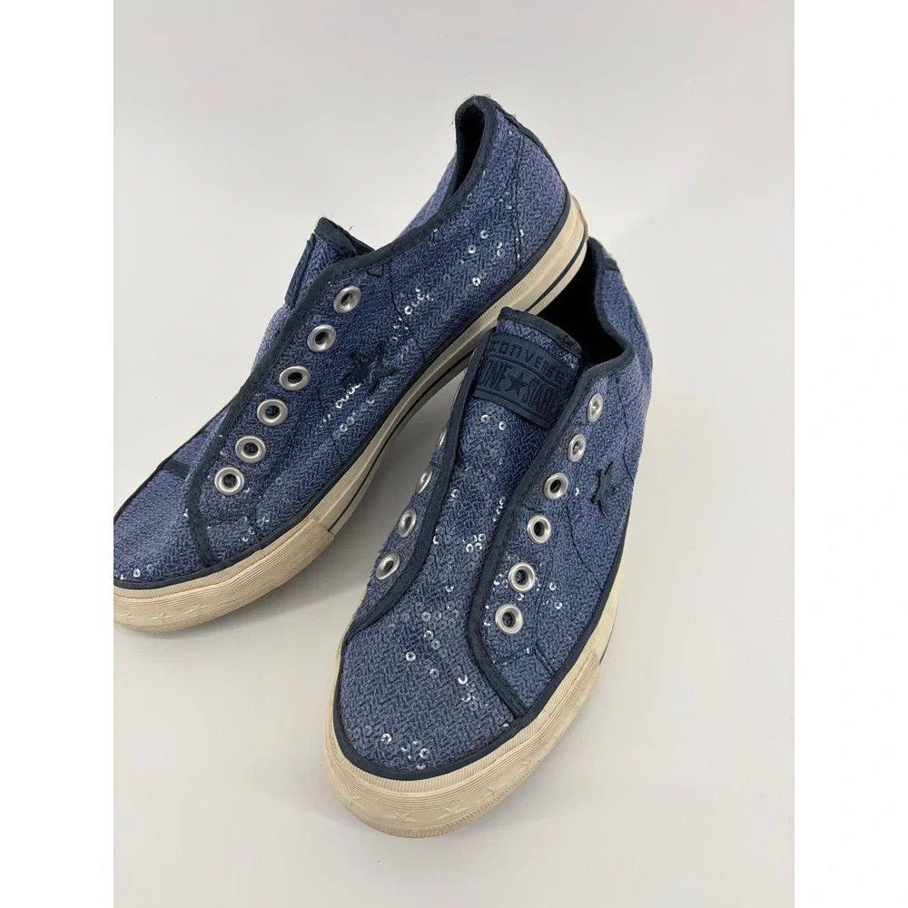 Converse One Star Womens 8 Blue Sequin Slip On Sneakers Chuck Taylors Retro